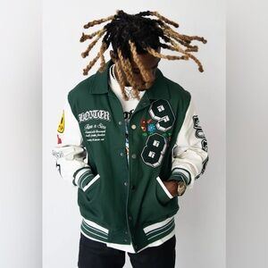 LOITER Flaws And Sins Varsity Logo Jacket size Medium Green Off White $229